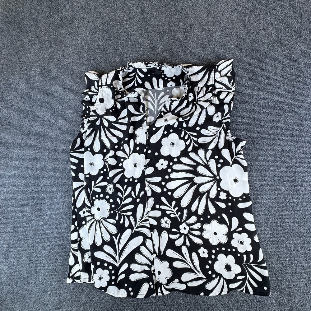 Ann Taylor Blouse Top Womens Large Petite Black White Floral Ruffle Button Front